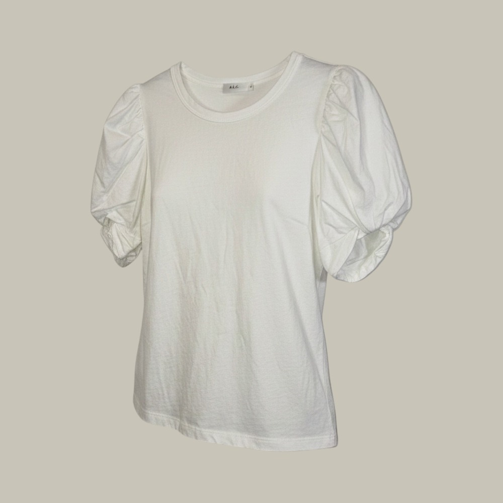 ALC White Organic Cotton Puff Sleeve T-Shirt Crew Neck Top Large 8KTOP00313